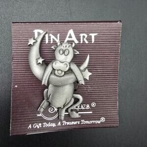 JJ Spoontiques Cow Jumping Over Moon Brooch Animal Celestial Vintage 1990s